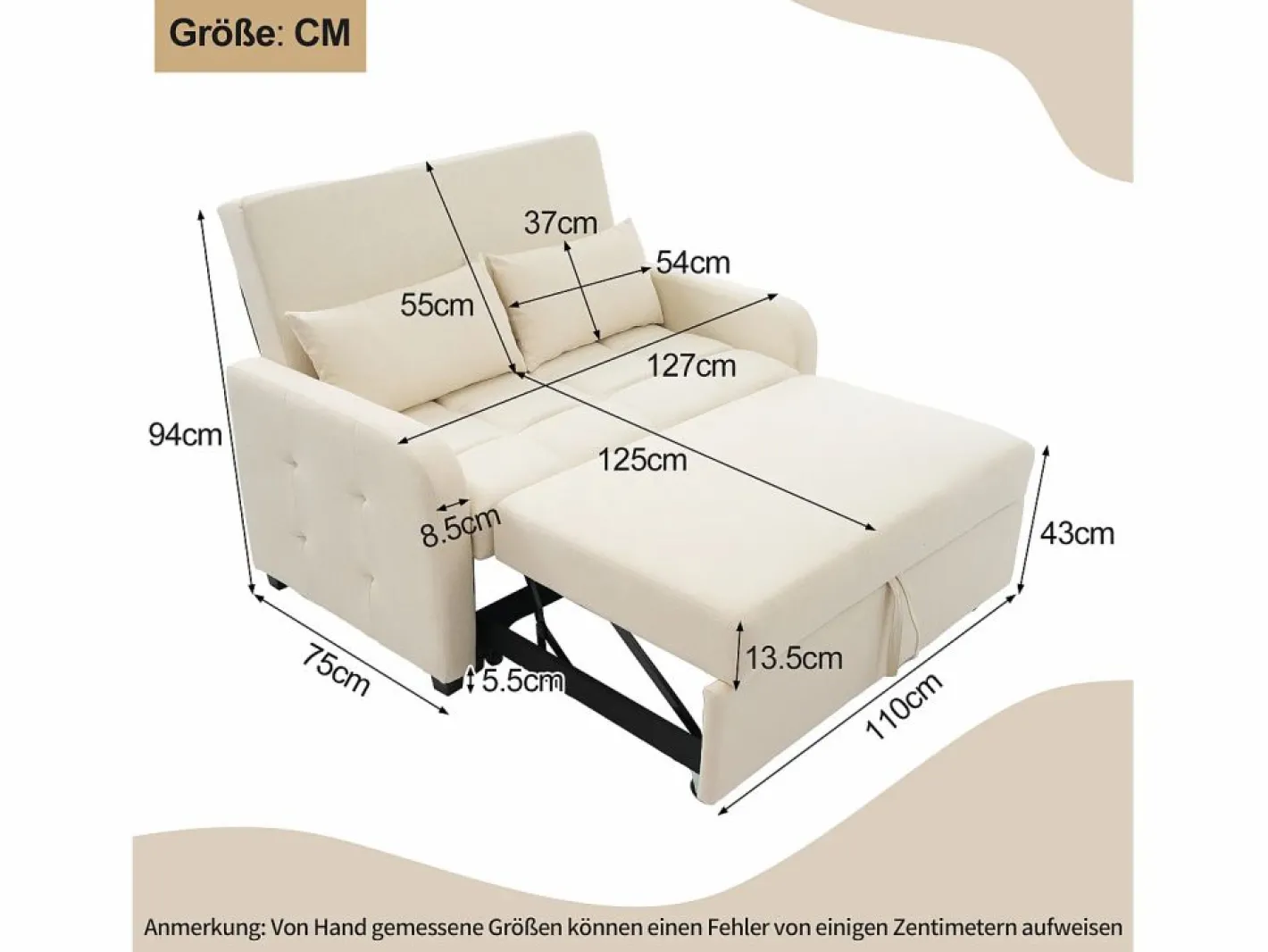 Sofá Relax|Sofá de 2 plazas extraíble - Sofá relax con respaldo regulable y 2 cojines - Lino