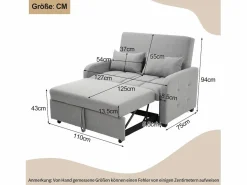 Sofá de 2 plazas extraíble - Sofá relax con respaldo regulable y 2 cojines - Lino^