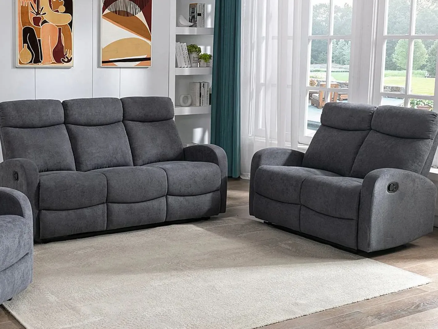 Vente-unique Sofá de 3+2 plazas relax de tela estilo contemporáneo EVELYN Gris Clearance