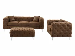 Vente-unique Conjunto Sofá Y Sillón|Sofá de 3 plazas, sillón y cheslón chéster de microfibra con aspecto de cuero envejecido EDWINA