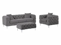 Vente-unique Sofá de 3 plazas, sillón y puf chéster de terciopelo antracita EDWINA Gris antracita New