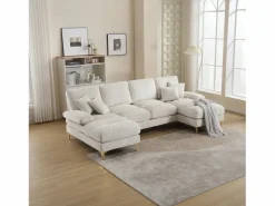 DripeX Sofá de 4 puentes, en tela de oruga, marco de madera sólida, con almohadas, 272x136x88cm, Beige Hot