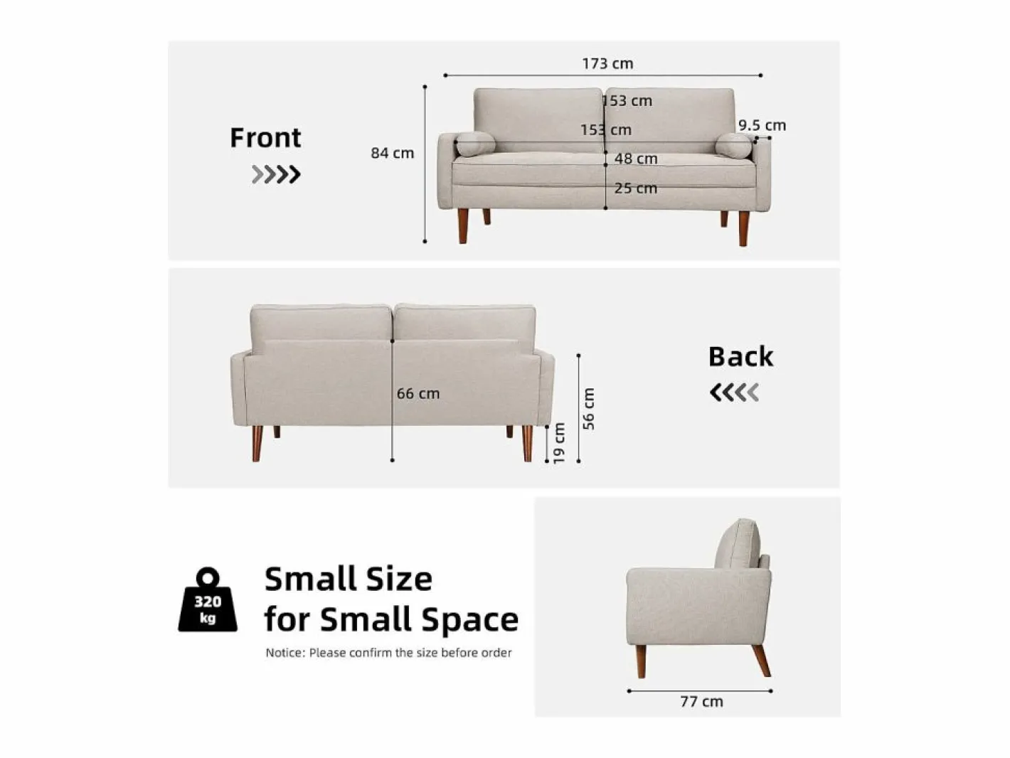 Sofá de 3 salones en tela de lino - escandinavo - con 2 almohadas y reposabrazos - pies de madera sólida - 173x77x84cm^DripeX Best