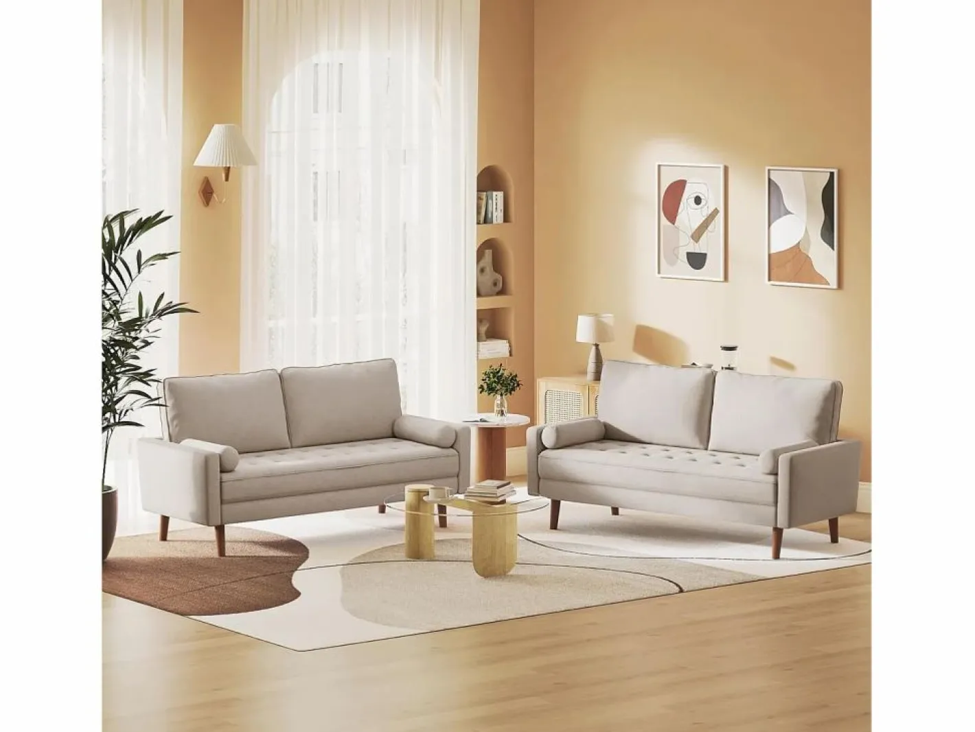 Sofá de 3 salones en tela de lino - escandinavo - con 2 almohadas y reposabrazos - pies de madera sólida - 173x77x84cm^DripeX Best