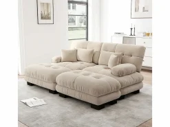 KOMHTOM Sofá de dos plazas en chenilla,dos cojines lumbares y dos cojines decorativos,reposabrazos anchos y dos reposapiés, tapizado en tela . Beige