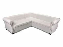 vidaxl Sofá de esquina Chesterfield 5 plazas cuero artificial Blanco Hot
