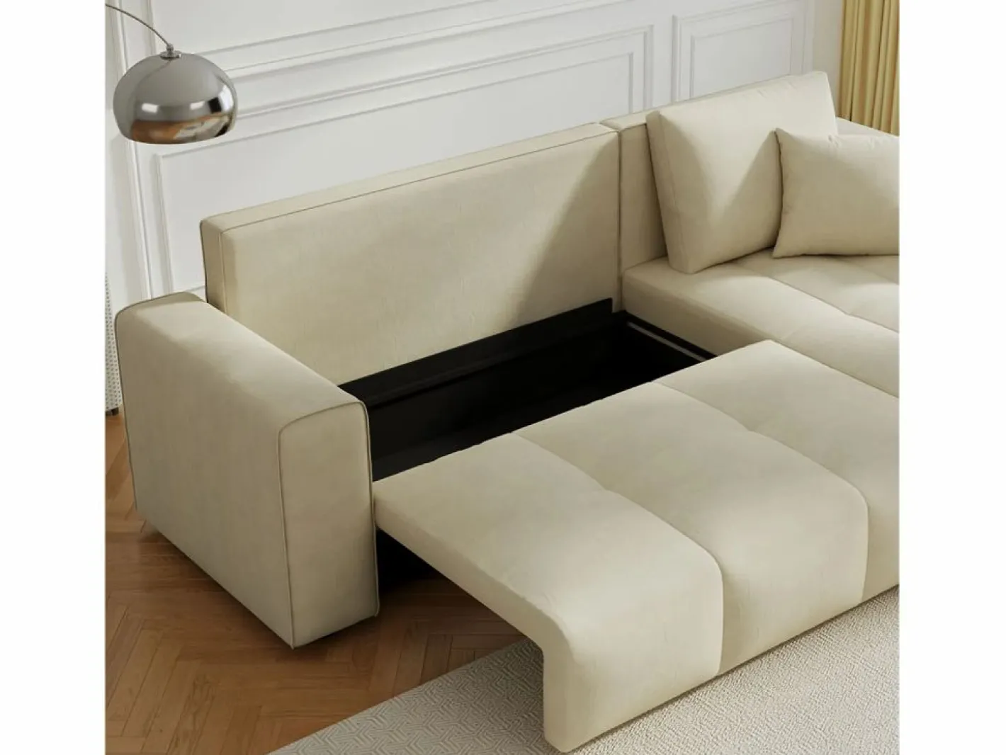 Sofá de esquina convertible de 4 plazas en terciopelo BRIGHTON con almacenamiento - Estilo contemporáneo, estructura de madera maciza^Concept-Usine Outlet