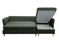 Sofá de esquina convertible reversible con baúl 3-4 plazas en tela verde y madera clara DRISS^Miliboo Online