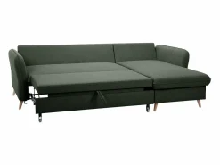 Sofá de esquina convertible reversible con baúl 3-4 plazas en tela verde y madera clara DRISS^Miliboo Online