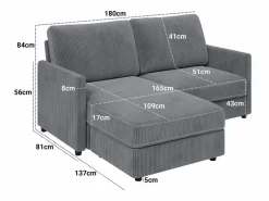 DripeX Sofá de esquina de 2 salas - ángulo reversible derecho / izquierda - 180x140x86cm - en tela de terciopelo acanalado - carga máxima de 300 kg - Gris antracita Online