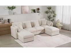 ModernLuxe Sofá de esquina en forma de U - 6 plazas - con reposabrazos ajustables - con reposapiés desmontable - Pana acanalada - Beige Sale