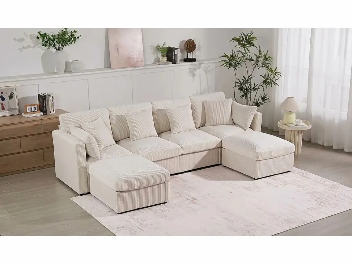 ModernLuxe Sofá de esquina en forma de U - 6 plazas - con reposabrazos ajustables - con reposapiés desmontable - Pana acanalada - Beige Sale
