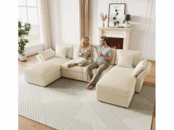 ModernLuxe Sofá de esquina en forma de U - 6 plazas - con reposabrazos ajustables - con reposapiés desmontable - Pana acanalada - Beige Sale
