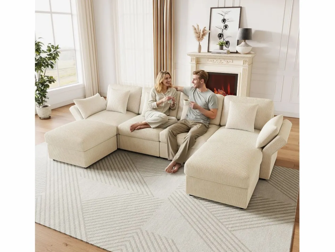 ModernLuxe Sofá de esquina en forma de U - 6 plazas - con reposabrazos ajustables - con reposapiés desmontable - Pana acanalada - Beige Sale