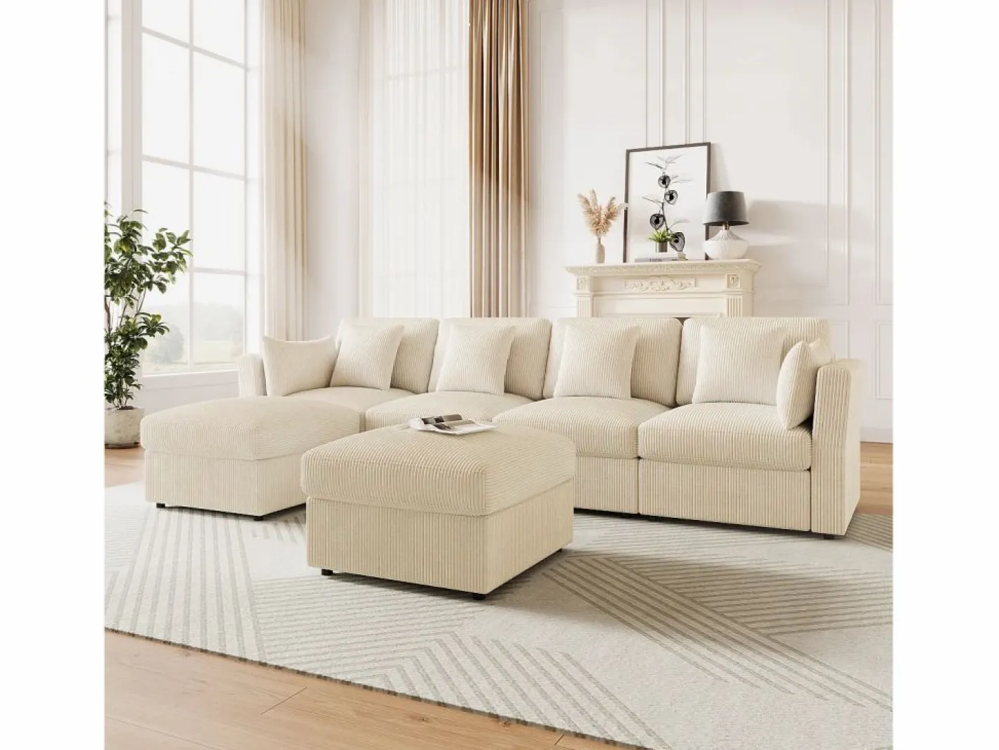 ModernLuxe Sofá de esquina en forma de U - 6 plazas - con reposabrazos ajustables - con reposapiés desmontable - Pana acanalada - Beige Sale