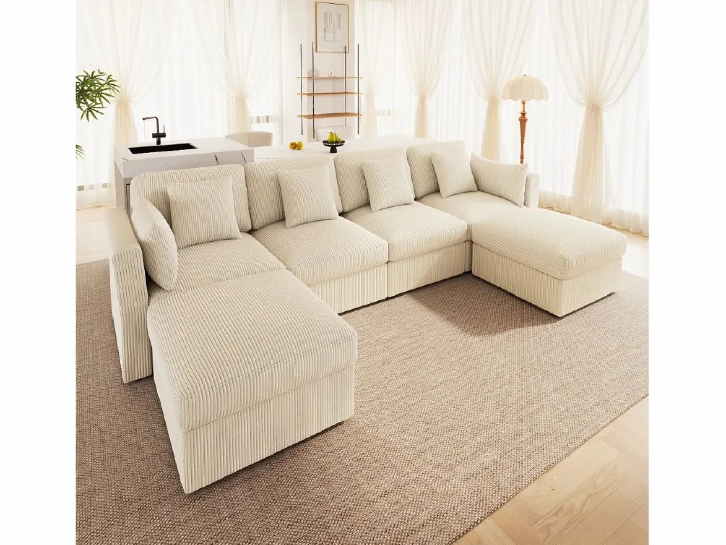 ModernLuxe Sofá de esquina en forma de U - 6 plazas - con reposabrazos ajustables - con reposapiés desmontable - Pana acanalada - Beige Sale