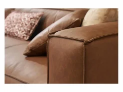 Miliboo Sofá de esquina izquierda vintage de 3-4 plazas en cuero marrón y madera negra COBAIN Marru00f3n Clearance