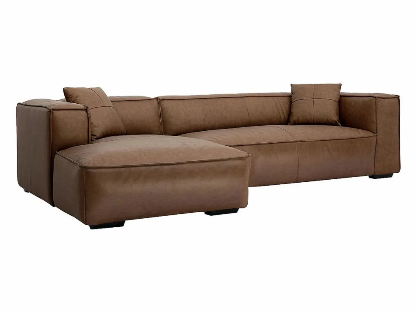 Miliboo Sofá de esquina izquierda vintage de 3-4 plazas en cuero marrón y madera negra COBAIN Marru00f3n Clearance