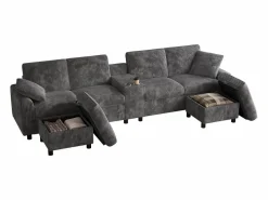 ModernLuxe Sofá de esquina moderno en forma de U - con USB y Type-C - con 2 reposapiés con almacenamiento - con 2 portavasos - pana acanalada - Gris