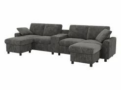 ModernLuxe Sofá de esquina moderno en forma de U - con USB y Type-C - con 2 reposapiés con almacenamiento - con 2 portavasos - pana acanalada - Gris