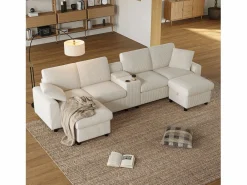 ModernLuxe Sofá de esquina moderno en forma de U - con USB y Type-C - con 2 reposapiés con almacenamiento - con 2 portavasos - pana acanalada - Beige Outlet