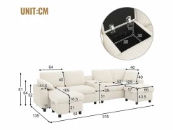 ModernLuxe Sofá de esquina moderno en forma de U - con USB y Type-C - con 2 reposapiés con almacenamiento - con 2 portavasos - pana acanalada - Beige Outlet
