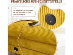 DripeX Sofá de esquina panorámico en pana - 4 plazas - con LED RGB y puerto USB+Type-C - 265x135x88cm - Amarillo Outlet
