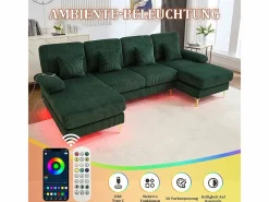 DripeX Sofá de esquina panorámico en pana - 4 plazas - con LED RGB y puerto USB+Type-C - 265x135x88cm - Verde Sale