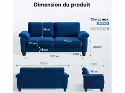DripeX Sofá de la sala de estar 2 lugar en la tela de pista, sofá moderno a mediados de siglo, con bolsa de almacenamiento, 178x75x87cm, Azul Online