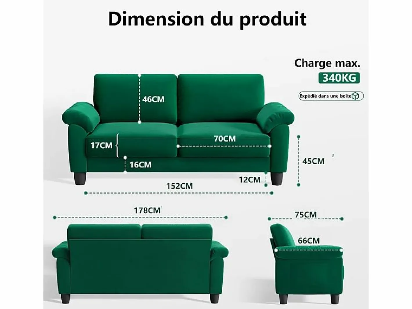 DripeX Sofá de la sala de estar 2 lugar en la tela de pista, sofá moderno a mediados de siglo, con bolsa de almacenamiento, 178x75x87cm, Verde Best