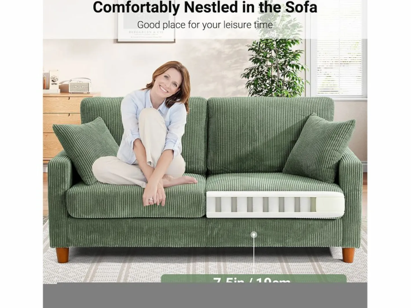 DripeX Sofá Escandinavo|Sofá de terciopelo acanalado de 2 a 2 años, sofá derecha acolchado moderno grande con asientos adicionales de 56 cm - 2 cojines - 178x76x89cm -