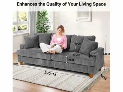 Sofá de terciopelo acanalado de 3 salones, sofá derecha acolchado moderno grande con asientos profundos adicionales de 53 cm - 2 cojines - 220x76x84cm -^DripeX