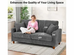 DripeX Sofá de terciopelo acanalado de 2 a 2 años, sofá derecha acolchado moderno grande con asientos adicionales de 56 cm - 2 cojines - 178x76x89cm - Gris New