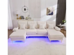 Merax Sofá en forma de U - 265 x 135 x 88 cm - con LED + puerto USB-C + 4 cojines - terciopelo - Beige Online