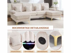 Merax Sofá en forma de U - 265 x 135 x 88 cm - con LED + puerto USB-C + 4 cojines - terciopelo - Beige Online