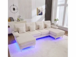 Merax Sofá en forma de U - 265 x 135 x 88 cm - con LED + puerto USB-C + 4 cojines - terciopelo - Beige Online