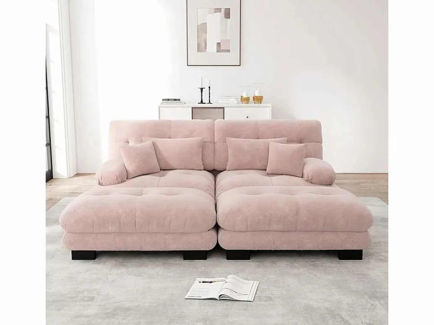 DripeX Sofá esquina 2 plazas + 2 poufs - con 4 cojines - tejido felpa - 220x145x81cm Rosa Best