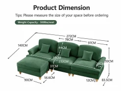 DripeX Sofá Esquina Modular 3 Plazas Chenille - Funda Extraíble y Puf Móvil - 272x140x93cm - Verde Online