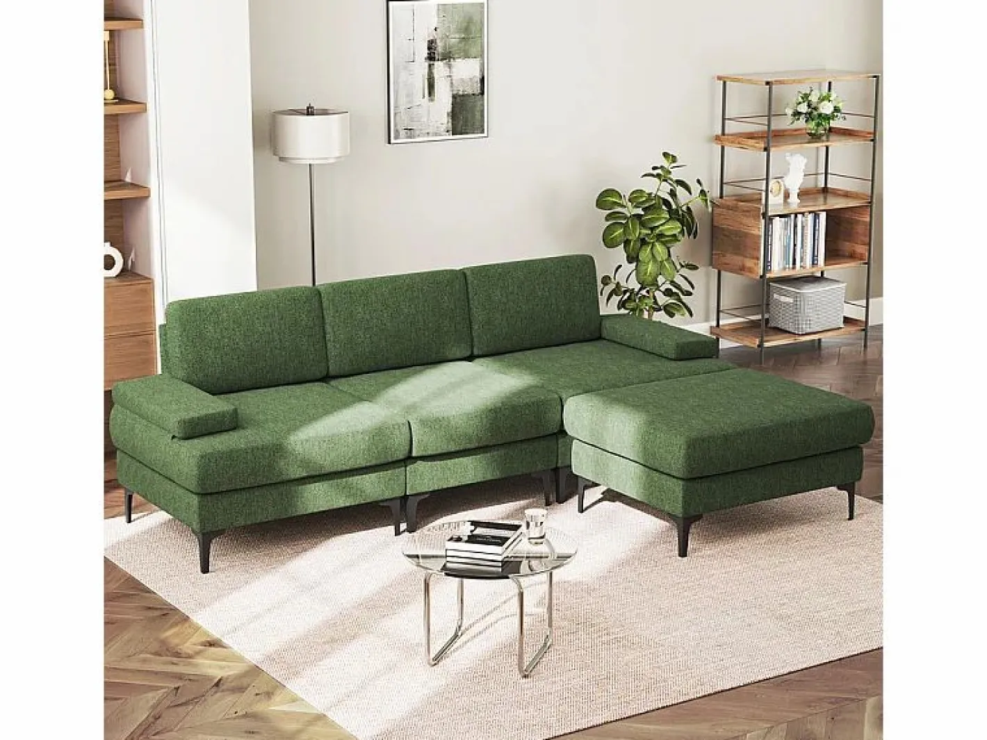 DripeX Sofá Esquinero 3 Plazas en Chenilla - con Puff - Carga Máx. 650kg - 244x146x83cm - Verde Hot