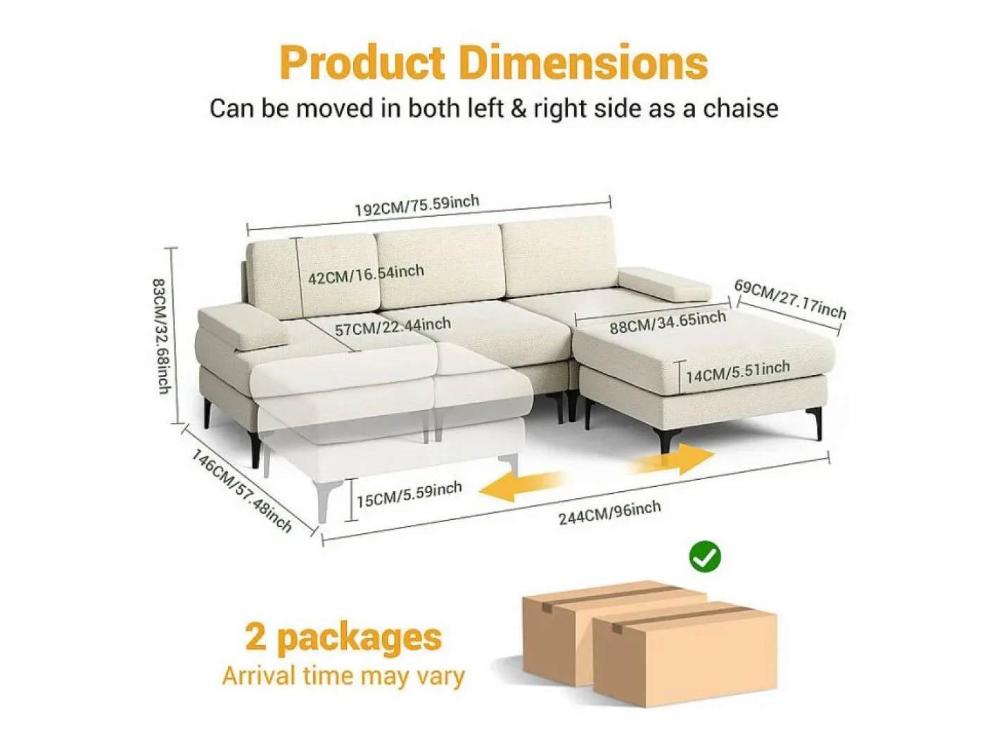 DripeX Sofá Esquinero 3 Plazas en Chenilla - con Puff - Carga Máx. 650kg - 244x146x83cm - Beige Discount