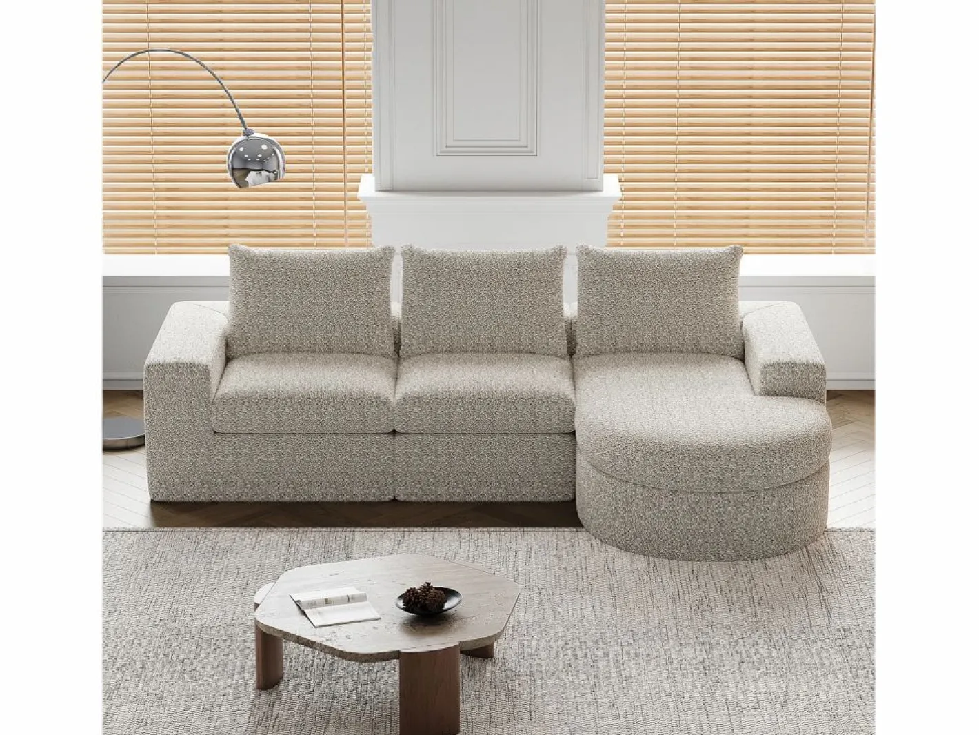 Sofá esquinero - Sofá de 3 plazas con 3 cojines y 2 reposacabezas - chenilla Beige Clearance
