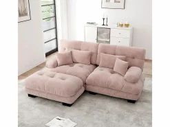 KOMHTOM Sofá esquinero Cloud, chenilla, dos plazas, con 2 cojines lumbares y 2 cojines decorativos, reposabrazos anchos y reposapiés, Rosa Clearance