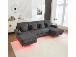 Sofá esquinero de terciopelo - Sofá esquinero con iluminación LED y 4 cojines - puerto USB y reposabrazos - Gris