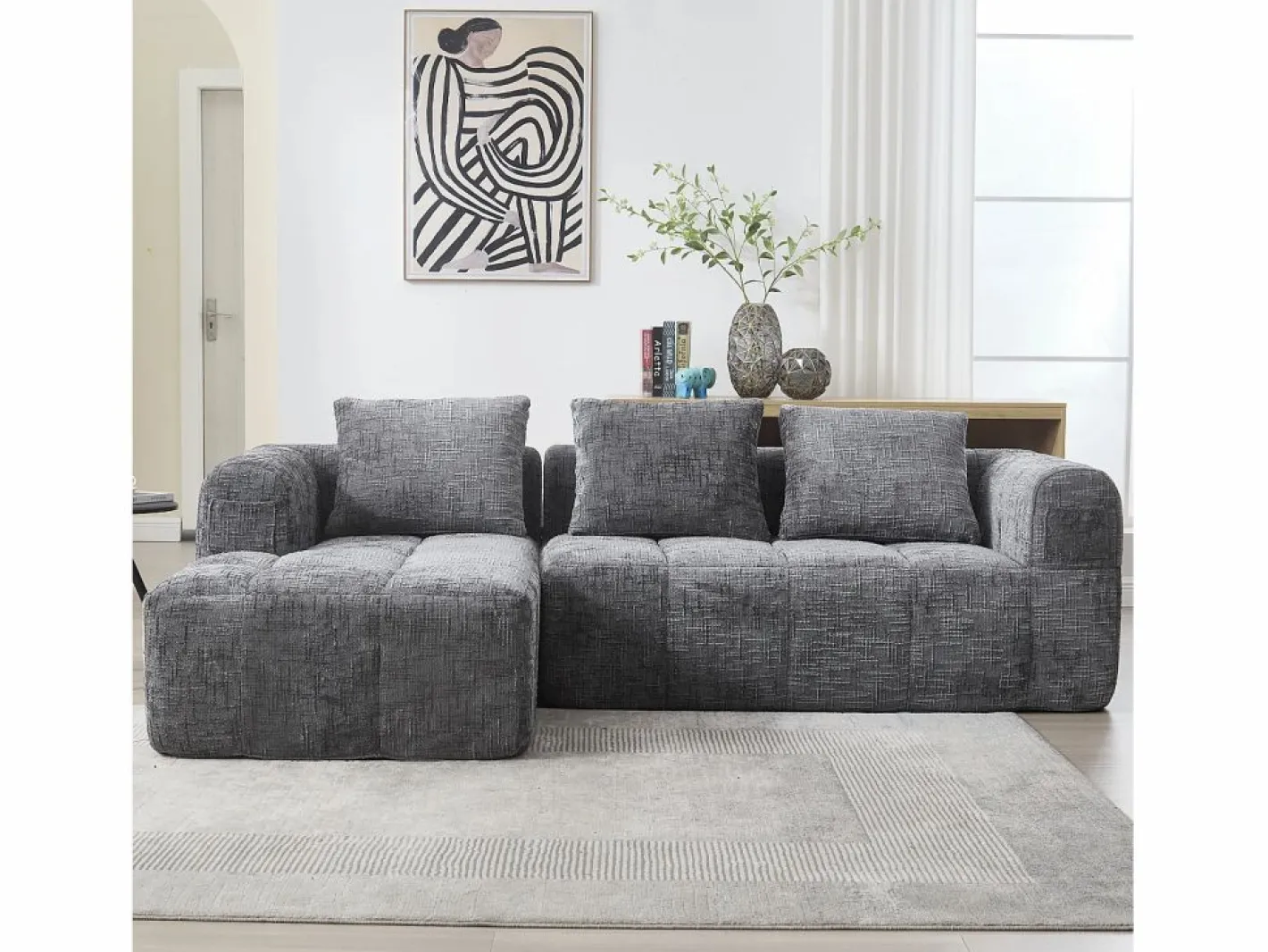 Sofá Rinconera|Sofá esquinero - Sofá recto con bolsillos de almacenamiento y 3 cojines - con chaise longue y reposabrazos
