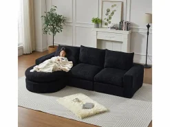 DripeX Sofá Esquinero Modular 3 Plazas, con Chaise Longue Curva Reversible, 3 Cojines y Almohadas Cervicales, Tejido Chenilla, Negro Sale