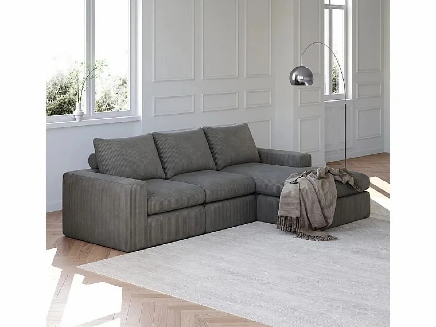 Sofá Esquinero Modular 3 Plazas, de Pana, con Chaise Longue Reversible, 3 Cojines y Almohadas Cervicales,^DripeX