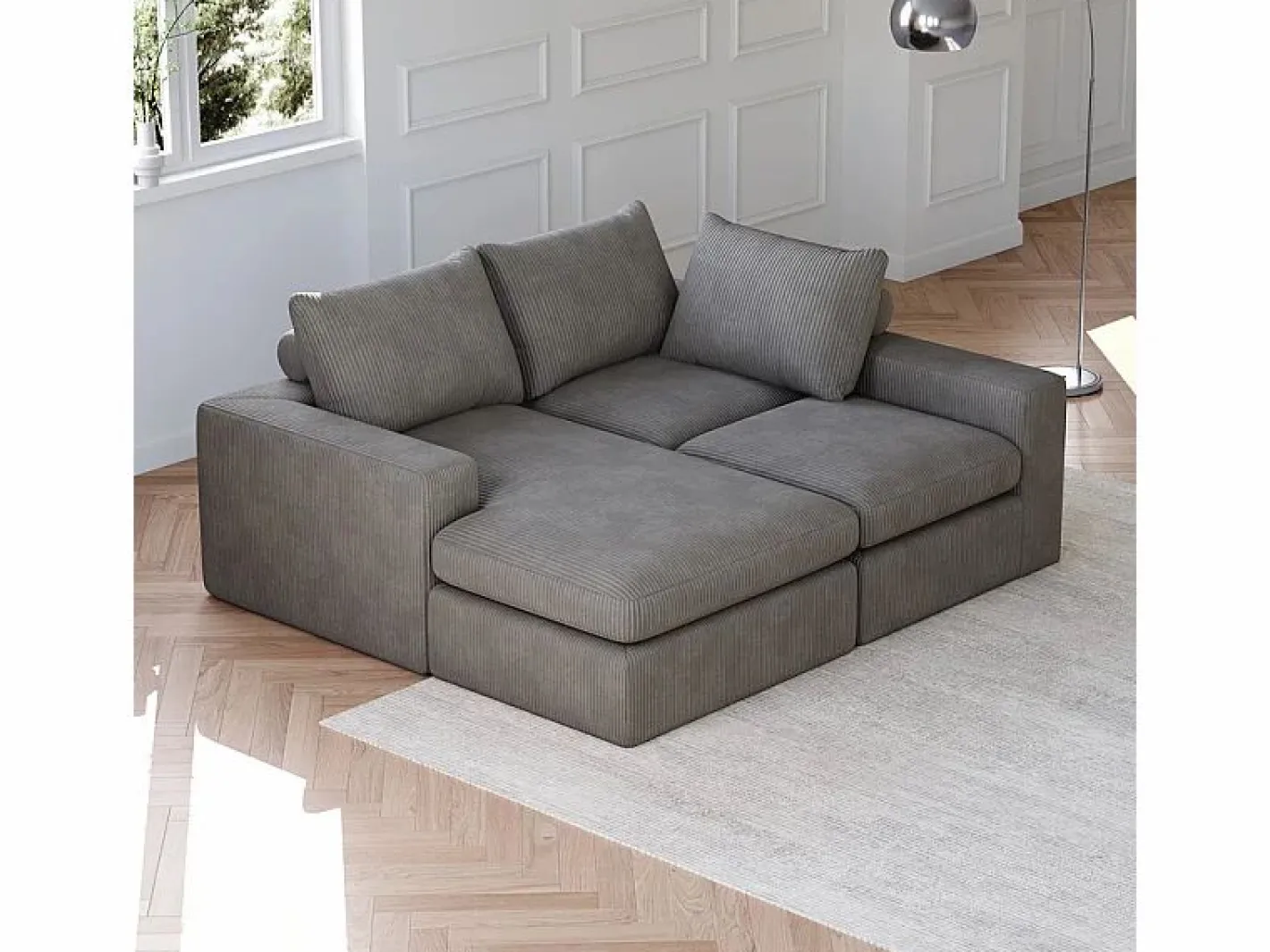 Sofá Esquinero Modular 3 Plazas, de Pana, con Chaise Longue Reversible, 3 Cojines y Almohadas Cervicales,^DripeX