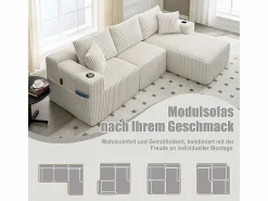 Sofá Esquinero Modular 3 Plazas, de Pana, con Portavasos, Cojines y Bolsillos Laterales, Chaise Longue 118cm,^DripeX Best