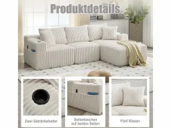 Sofá Esquinero Modular 3 Plazas, de Pana, con Portavasos, Cojines y Bolsillos Laterales, Chaise Longue 118cm,^DripeX Best
