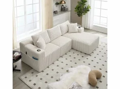 Sofá Esquinero Modular 3 Plazas, de Pana, con Portavasos, Cojines y Bolsillos Laterales, Chaise Longue 118cm,^DripeX Best